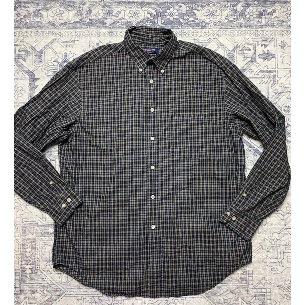 Roundtree & Yorke Navy Plaid Button-Down‎ Shirt Large 100% Cotton Long Sleeve